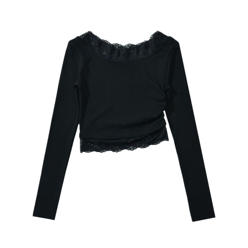 Long-Sleeve Cowl Neck Plain Lace Trim Tee Product Image