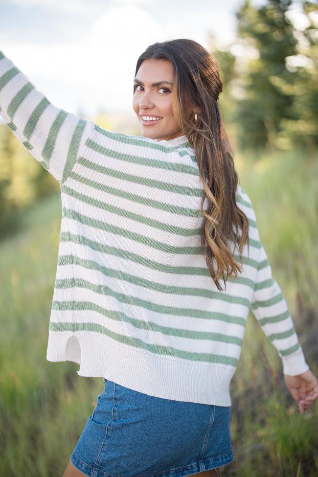 Keep On Shining Olive And Cream Striped Turtleneck Sweater SALE Product Image