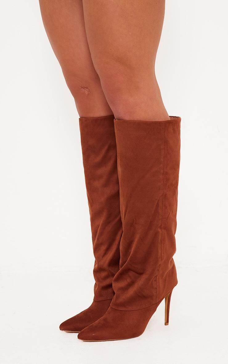 Brown Faux Suede Point Toe Fold Over High Heeled Calf High Boots Product Image