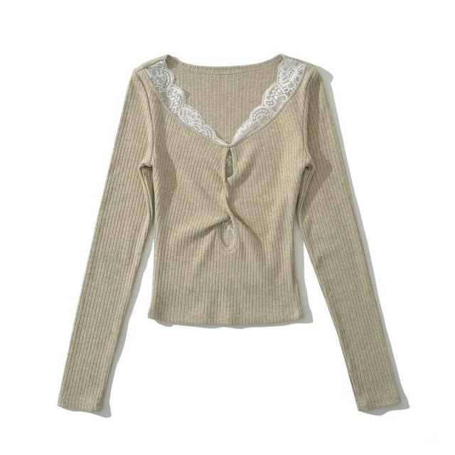 Long-Sleeve Scoop Neck Plain Ribbed Lace Trim Keyhole Knit Top Product Image