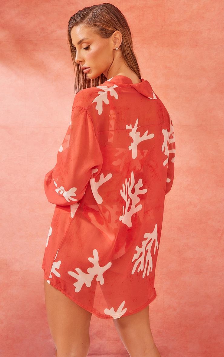 Coral Print Chiffon Oversized Beach Shirt Product Image