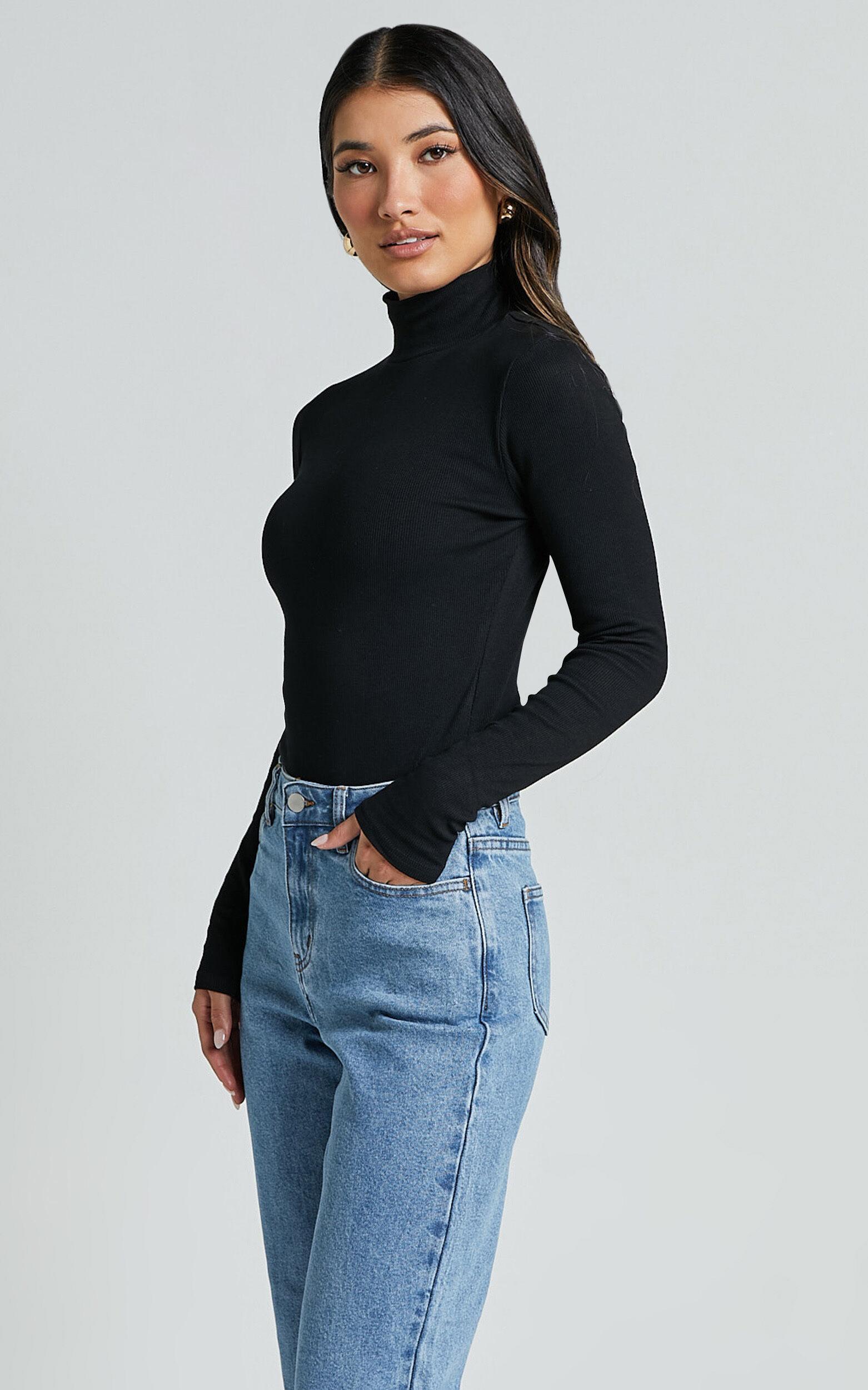 Isabela Bodysuit - High Neck Long Sleeve Ribbed Bodysuit in Black Product Image