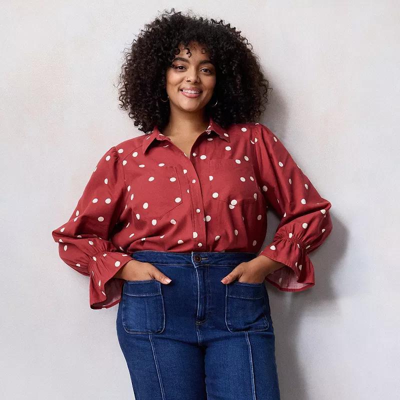 Plus Size LC Lauren Conrad Relaxed Shirt with Smocked Cuffs, Womens Red Randy Dots Product Image