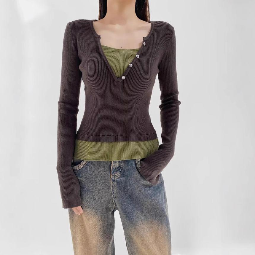 Mock Two-Piece Long-Sleeve Henley Two Tone Ribbed Knit Top Product Image