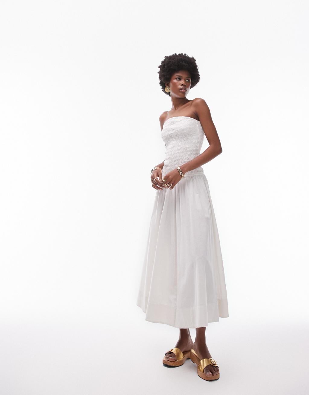 Topshop shirred bandeau midi dress in ivory product image