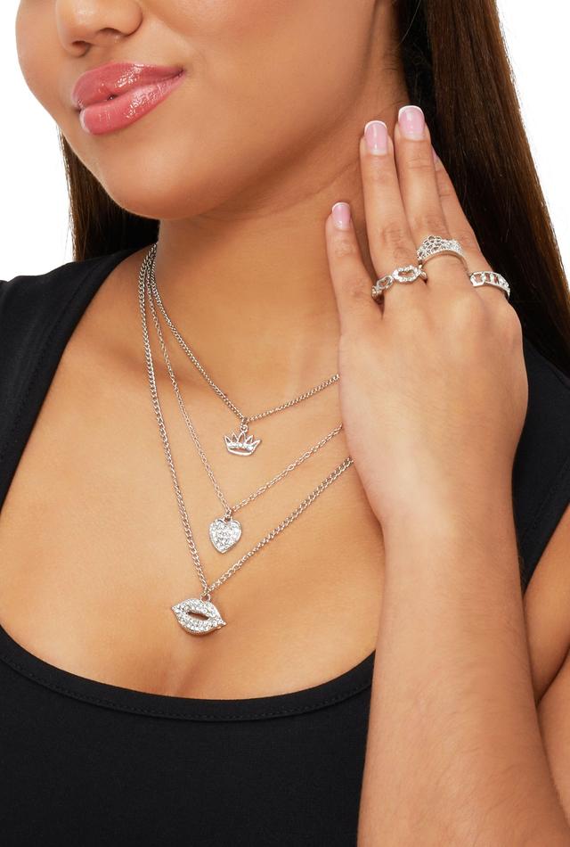 Crown Heart Lip Charm Layered Necklace with Ring Trio Set Female Product Image