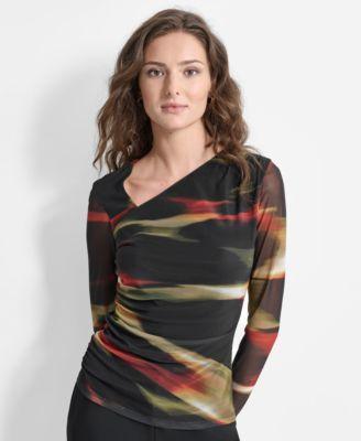 Petite Asymmetrical Ruched Abstract-Print Top Product Image