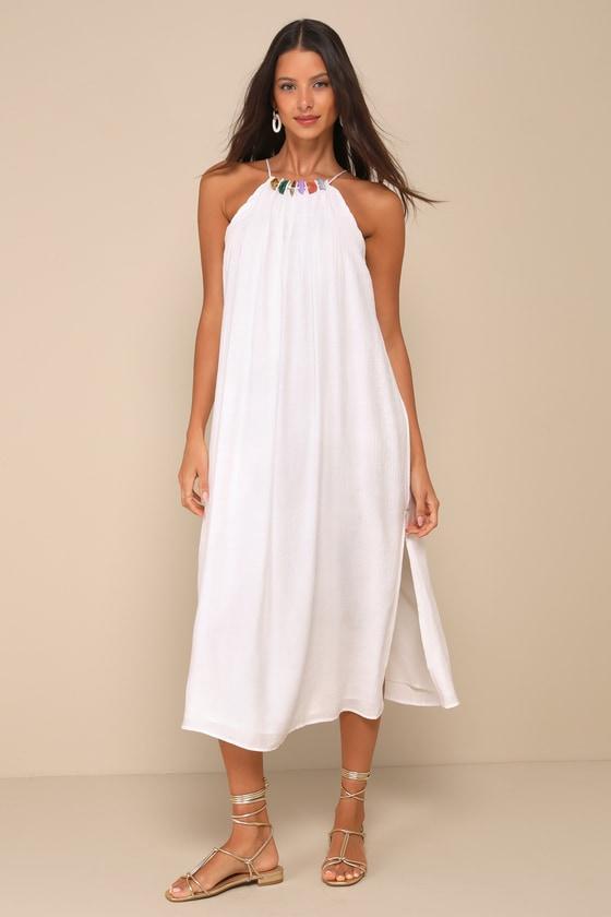 Blissful Icon White Textured Beaded Midi Shift Dress Product Image