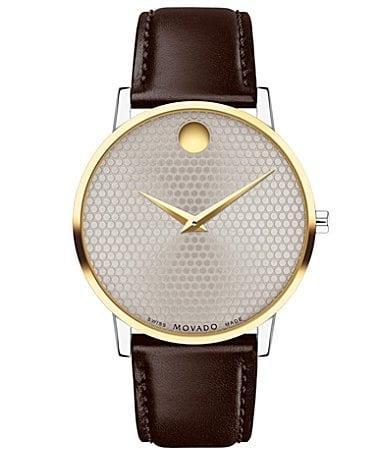 Men's Movado MuseumÂ® Classic Gold-Tone PVD Brown Strap Watch with Dotted Grey Dial (Model: 0607800) Product Image