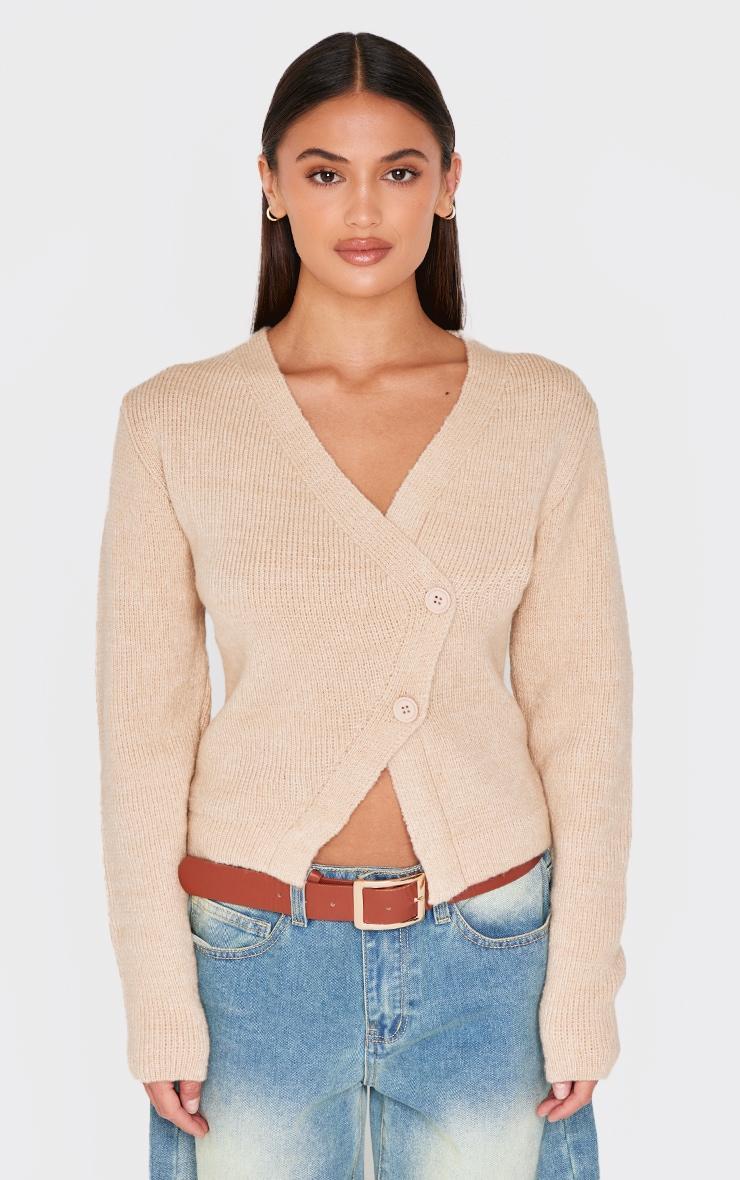 Oatmeal Knit Asymmetric Button Up Cardigan product image