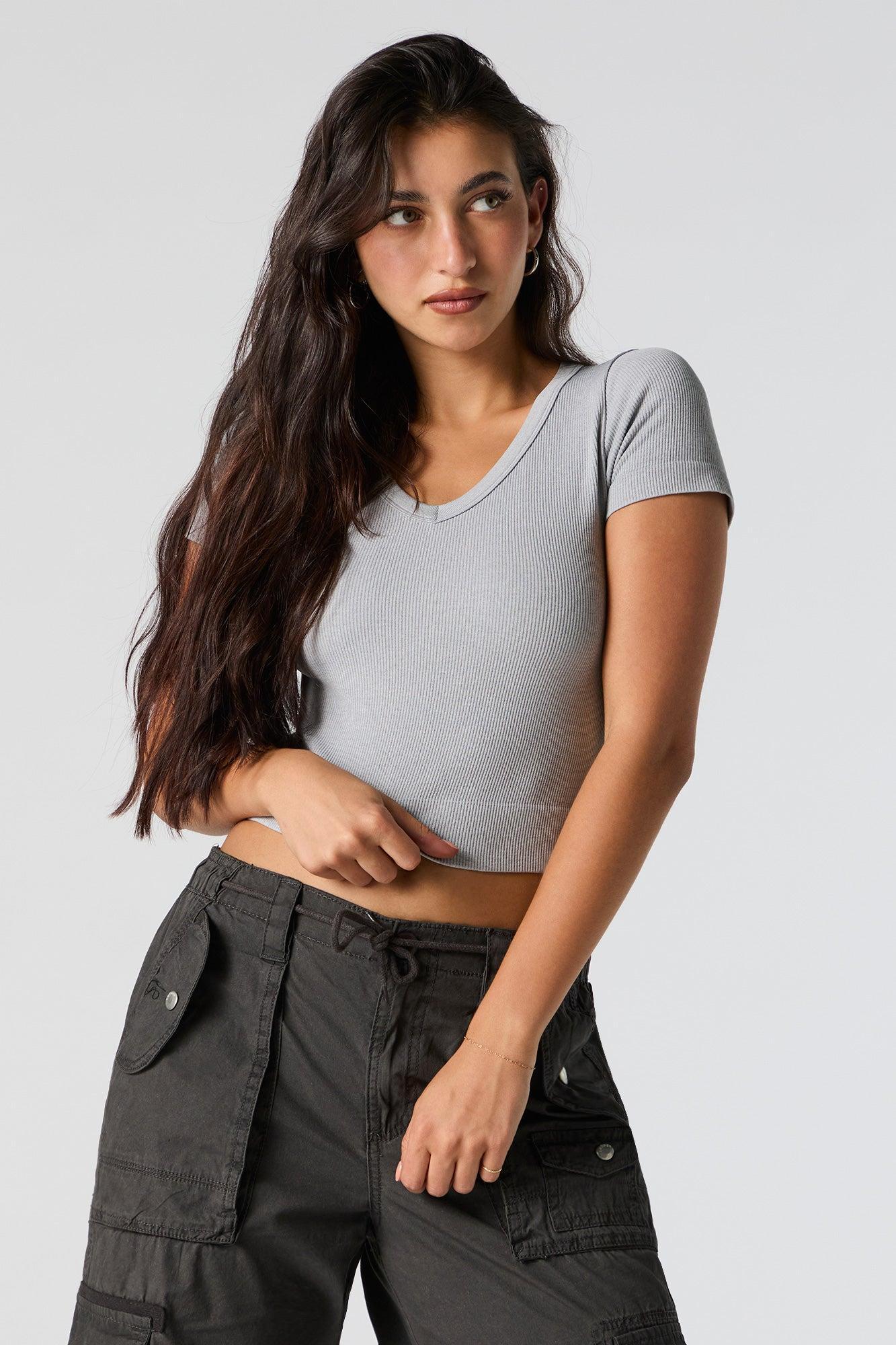 Solid Ribbed V-Neck Cropped T-Shirt Female Product Image