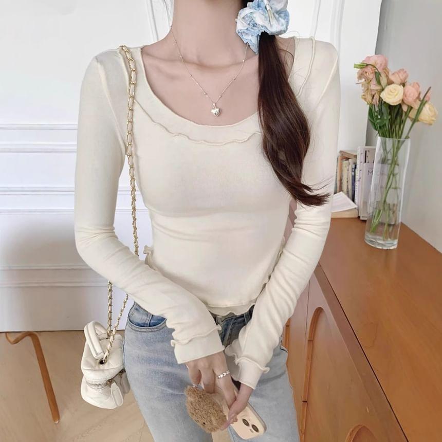 Long Sleeve Plain Ruffled-Trim Plain Slim-Fit Crop Top Product Image