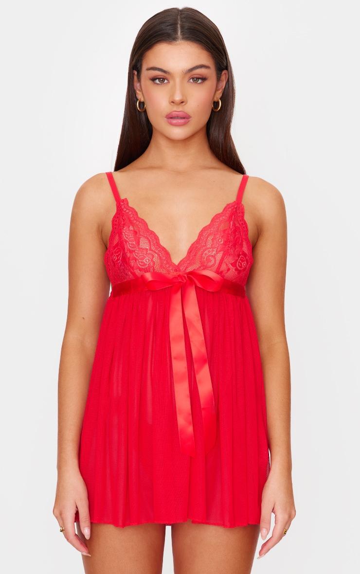 Red Lace Bow Detail Babydoll Product Image