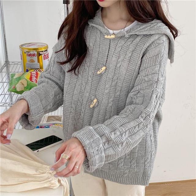 Sailor Collar Plain Cable Knit Toggle Cardigan Product Image