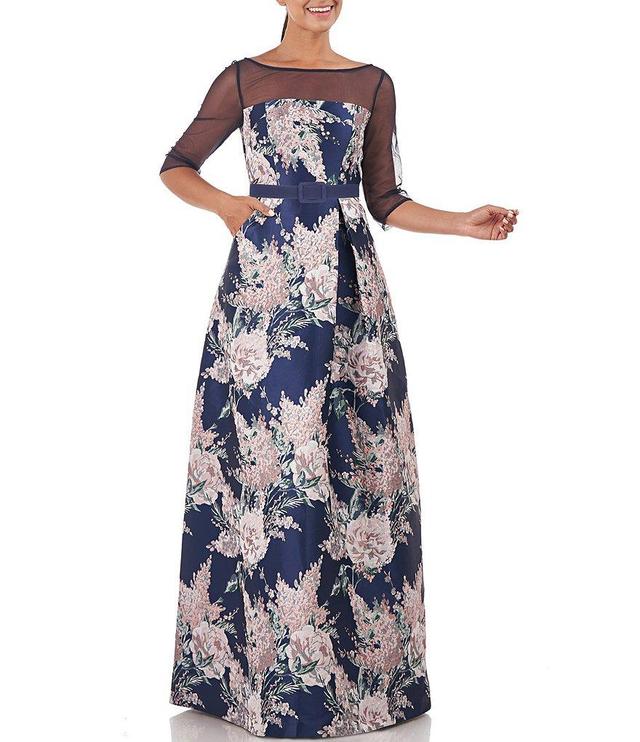 Kay Unger Floral Print Illusion Boat Neck 3/4 Sleeve Jacquard Ball Gown Product Image