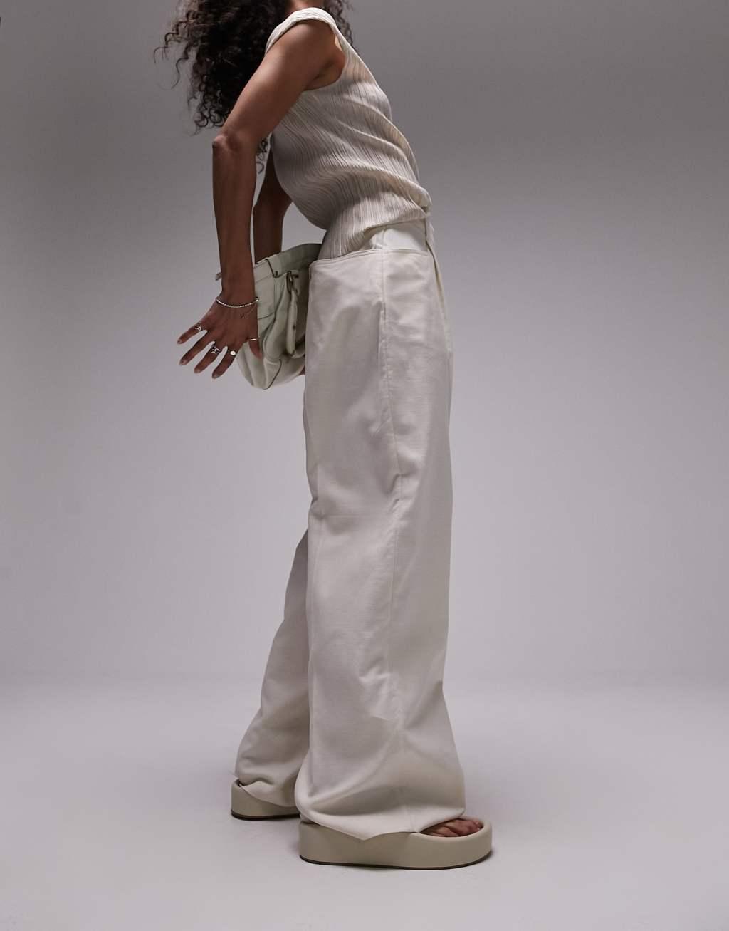 Topshop linen-blend wide leg pants in oatmeal - part of a set Product Image