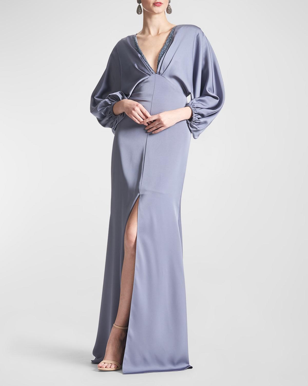 Gabby Beaded Blouson-Sleeve Satin Gown Product Image