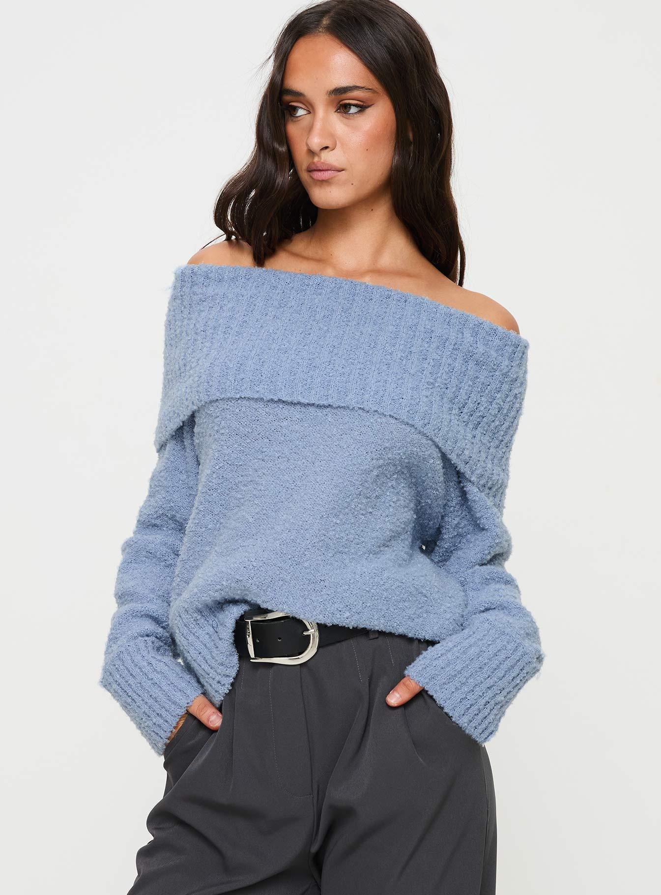 Parkley Boucle Off The Shoulder Sweater Blue Product Image