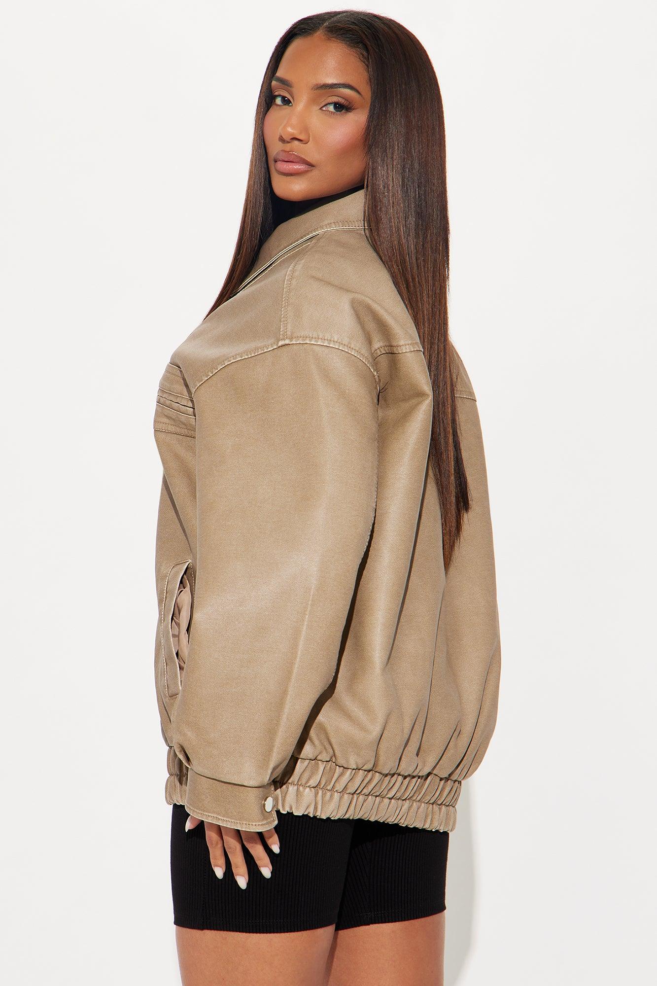 Downtown Rush Faux Leather Bomber Jacket - Khaki Product Image