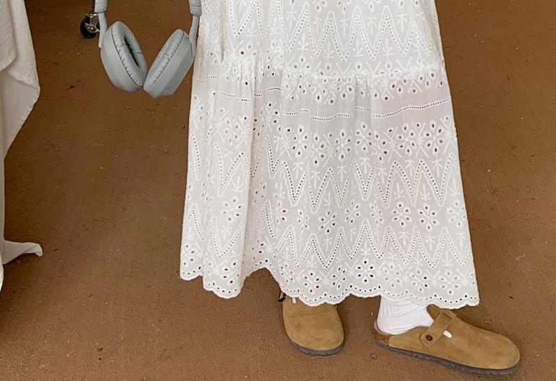 Elastic Waist Plain Embroidered Eyelet Tiered Maxi A-Line Skirt Product Image