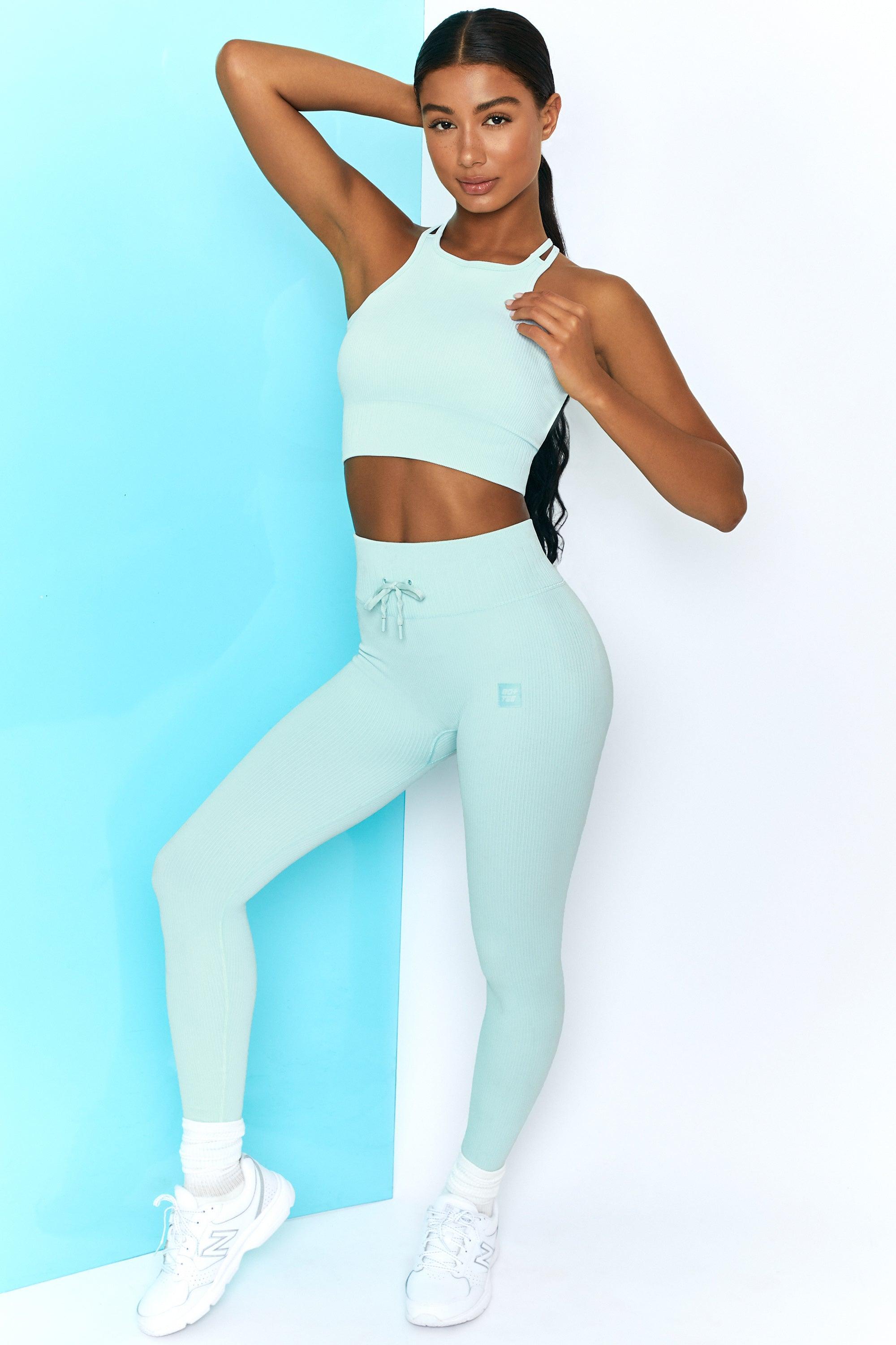 Energise Ribbed Tie Front Full Length Leggings in Light Blue Product Image