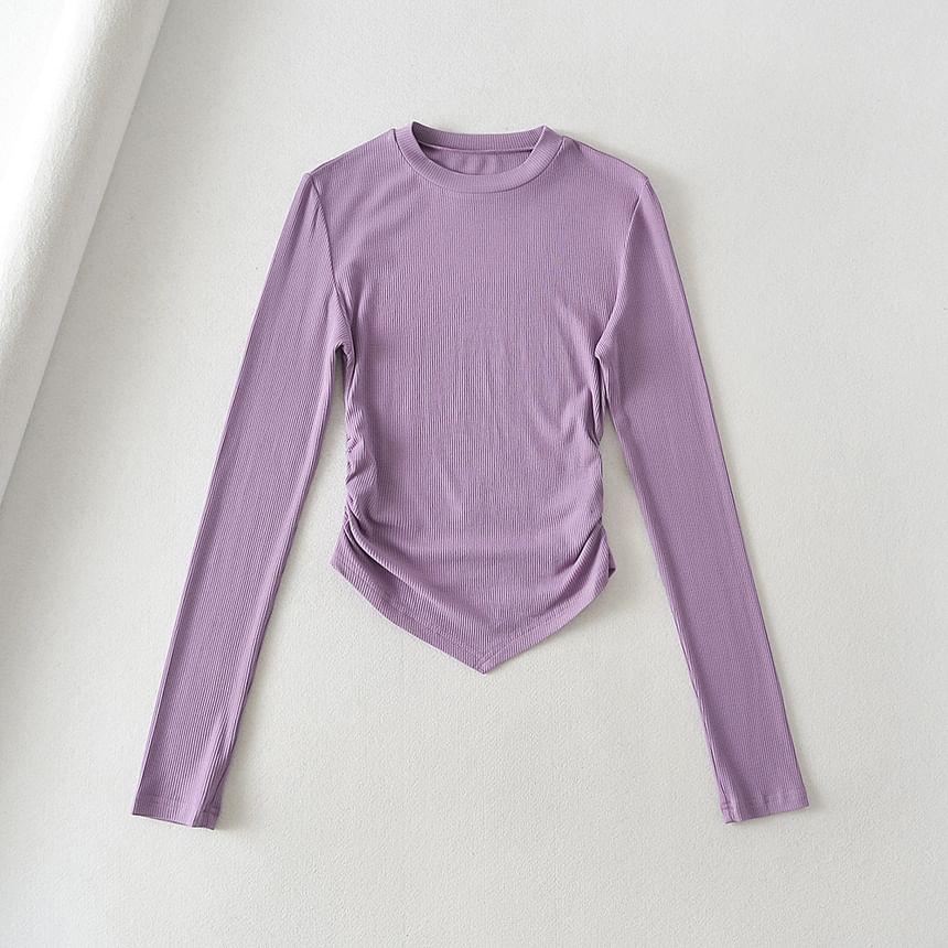 Long-Sleeve Crew Neck Plain Ruchhed Slim Fit Tee Product Image