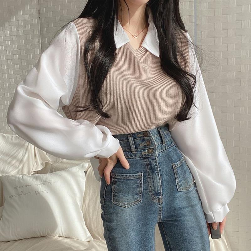 Mock Two-Piece Long-Sleeve Two Tone Panel Blouse Product Image