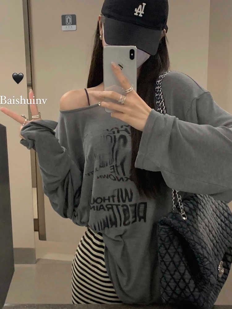 Long Sleeve Cold-Shoulder Lettering Print Loose-Fit Tee Product Image