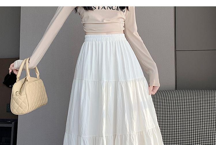 Elastic Waist Plain Tiered Ruffle Trim Midi A-Line Skirt Product Image