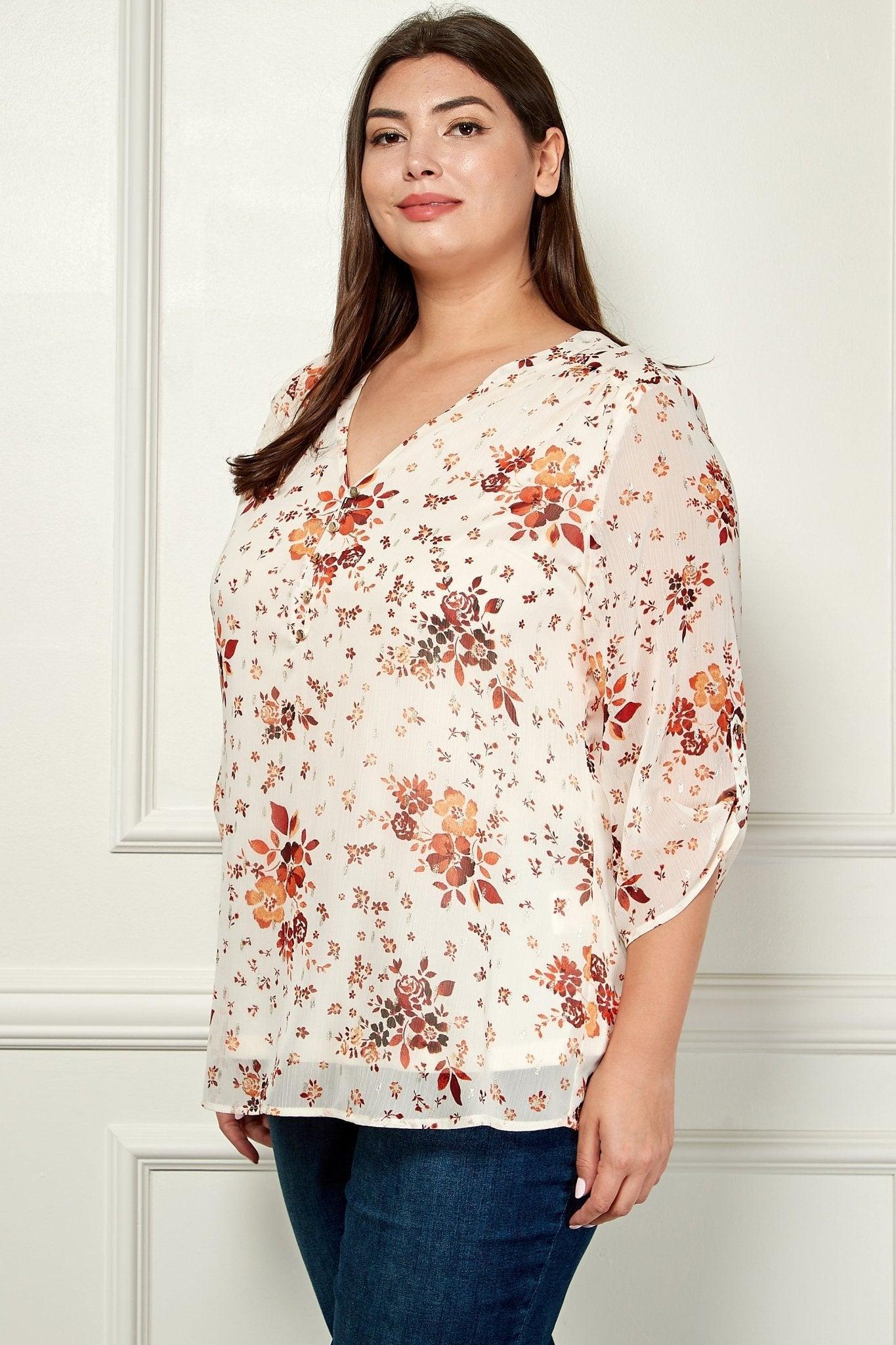 Sara Michelle-3 Quarter Tab Sleeve Mandarin Collar Popover Top - Plus Female Product Image