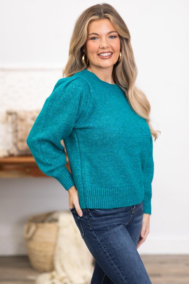 Teal Melange Puff Sleeve Sweater Product Image