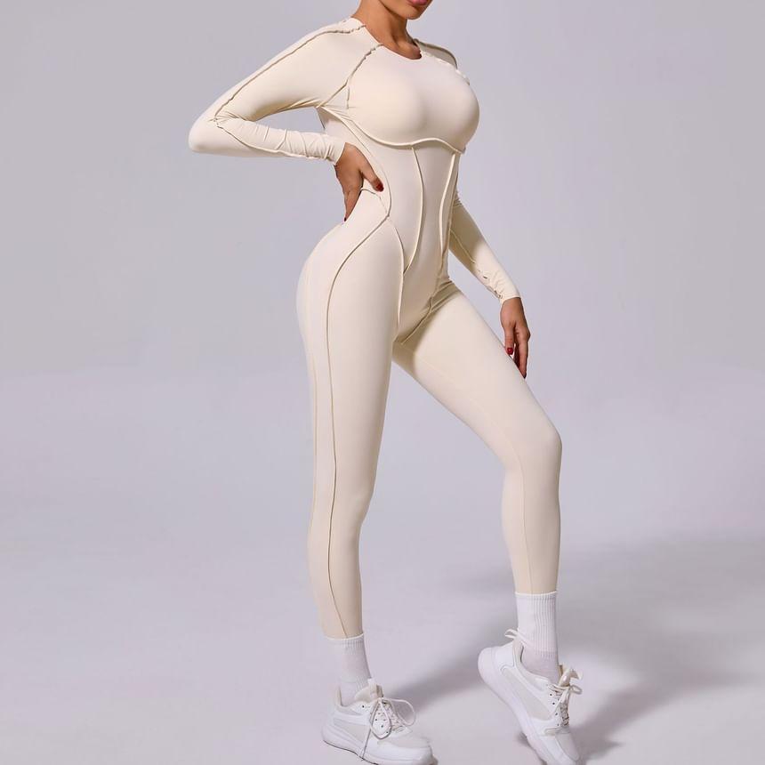 Long-Sleeve Plain Inside Out Seam Sports Jumpsuit Product Image