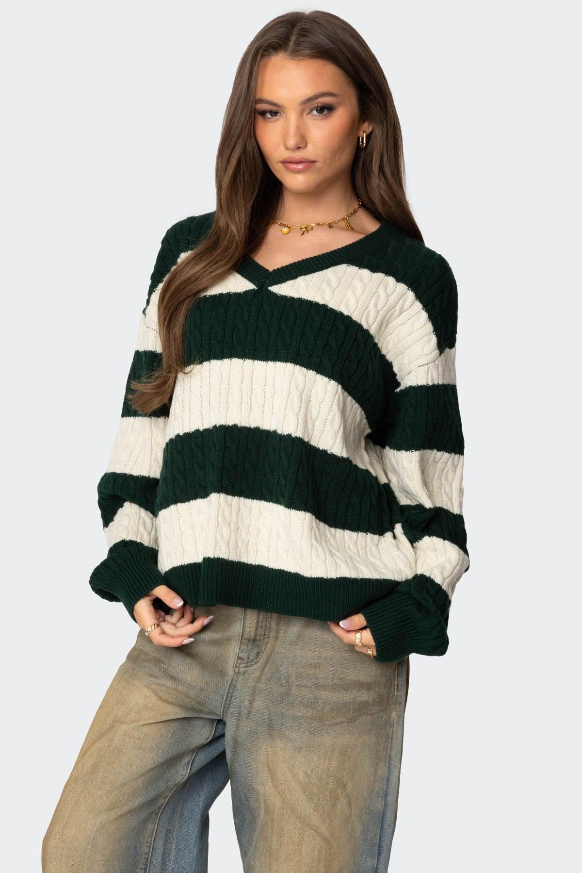 Oversized Striped Cable Knit Sweater Product Image