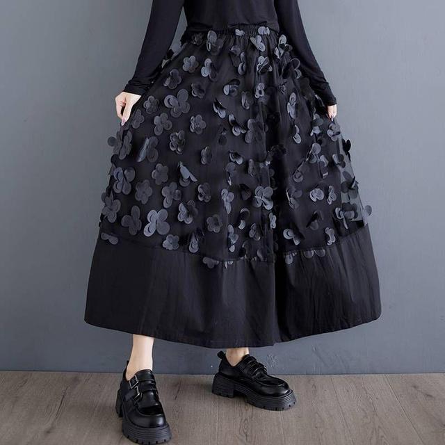 High Rise Plain Flower Applique Maxi A-Line Skirt Product Image