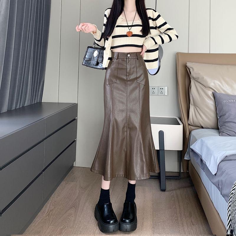 High Rise Faux Leather Midi Fishtail Skirt Product Image