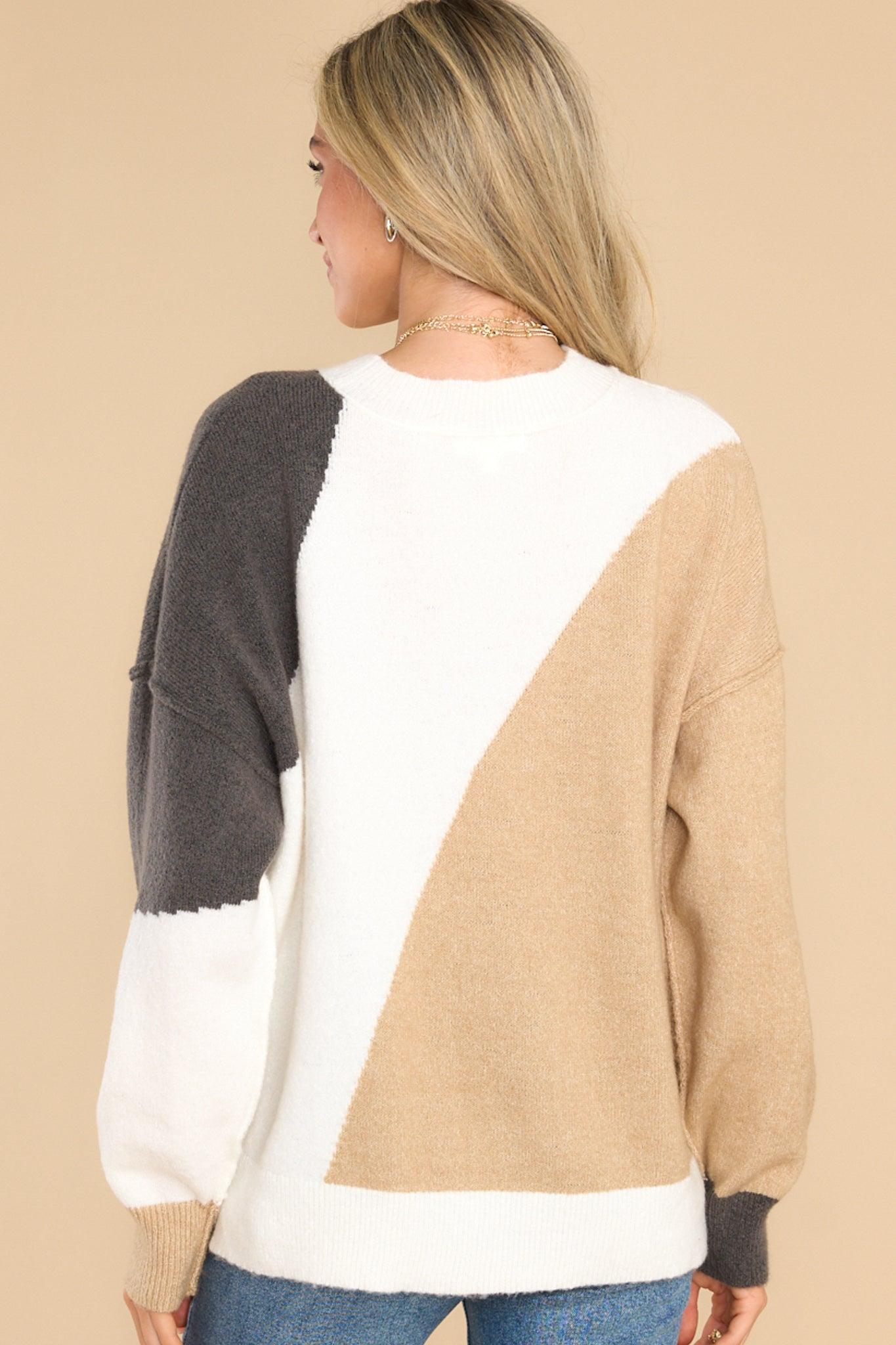 Feeling The Fun Taupe Color Block Knit Sweater Product Image