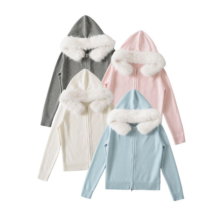 Hood Fluffy Trim Zip Cardigan Product Image