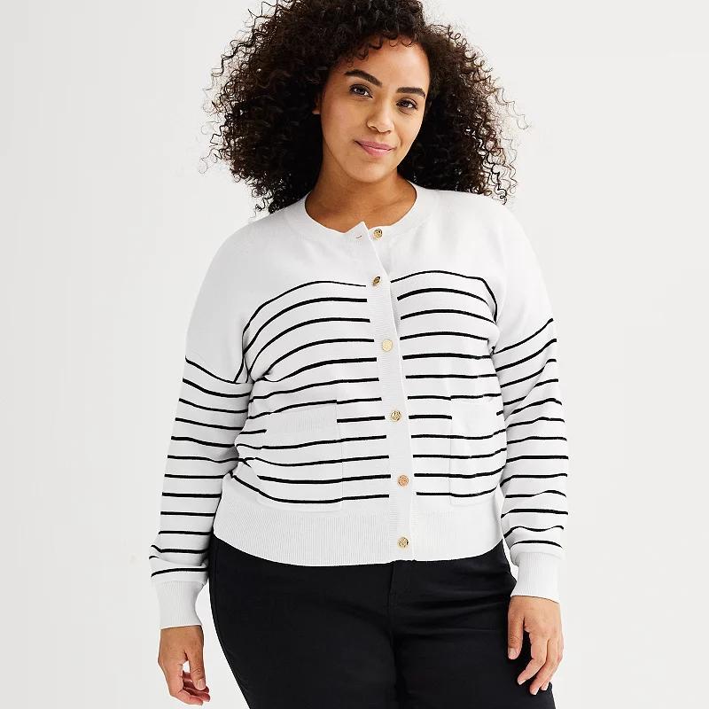 Plus Size Draper James Pocketed Button Front Striped Cardigan, Womens Product Image