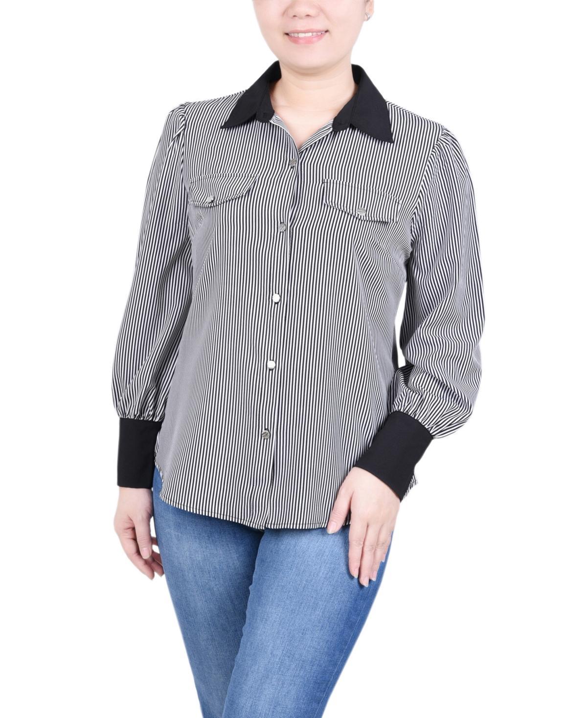 Ny Collection Petite Long Sleeve Striped Button Front Blouse product image