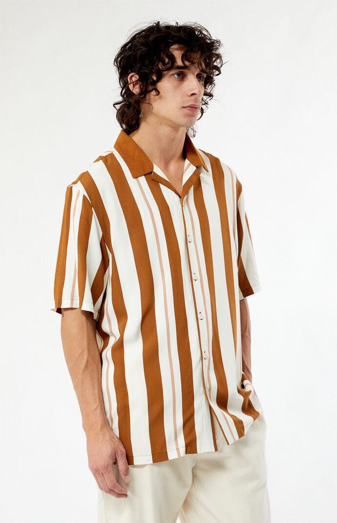 Men's Taupe Stripe Camp Shirt in Cream/Brown - Product Image