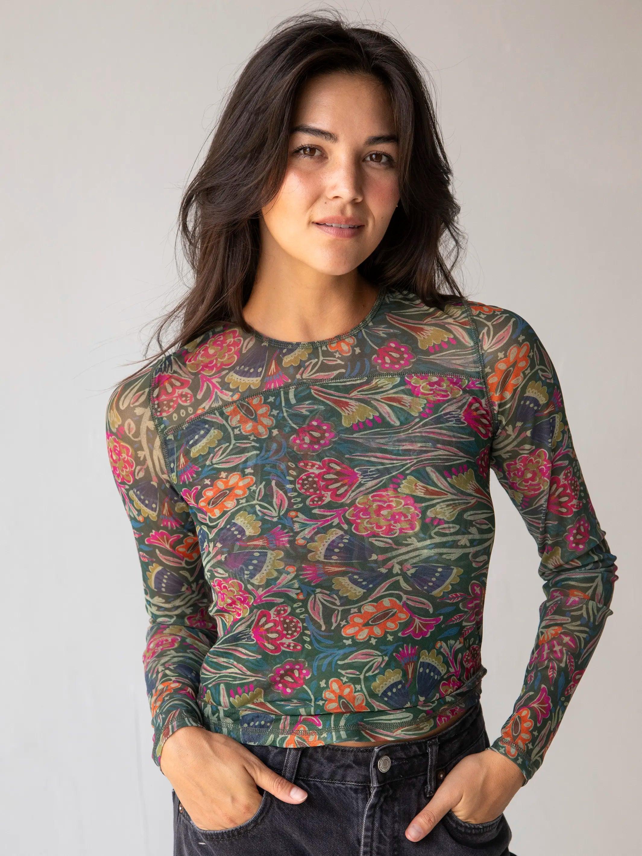 Sloane Mesh Long Sleeve Top - Green Lined Floral Product Image