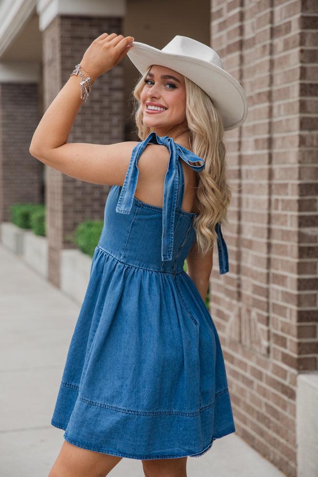 Fan Favorite Tie Shoulder Square Neck Denim Dress Product Image