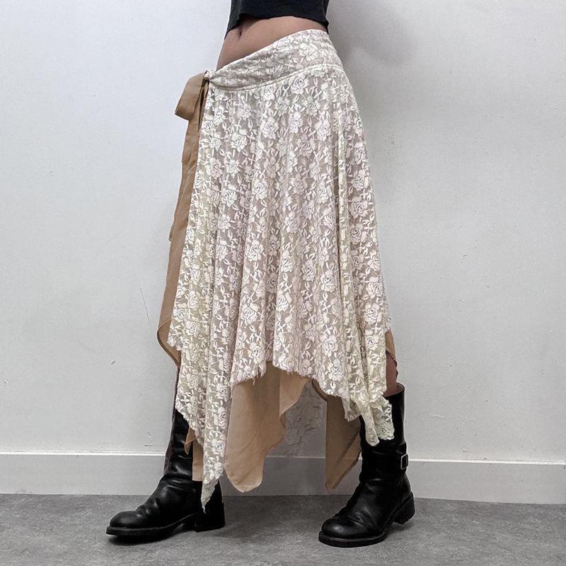 Low Waist Tie-Waist Lace Panel Asymmetric-Hem Midi A-Line Skirt Product Image