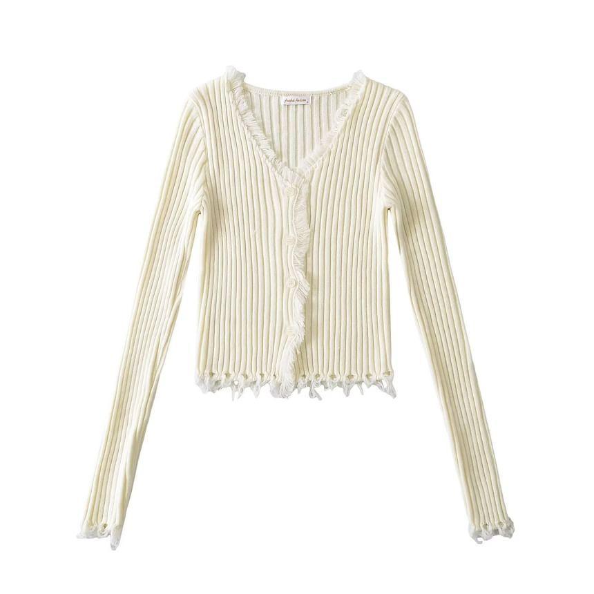 Long Sleeve V-Neck Plain Ribbed-Knit Tassel Slim-Fit Cardigan Product Image