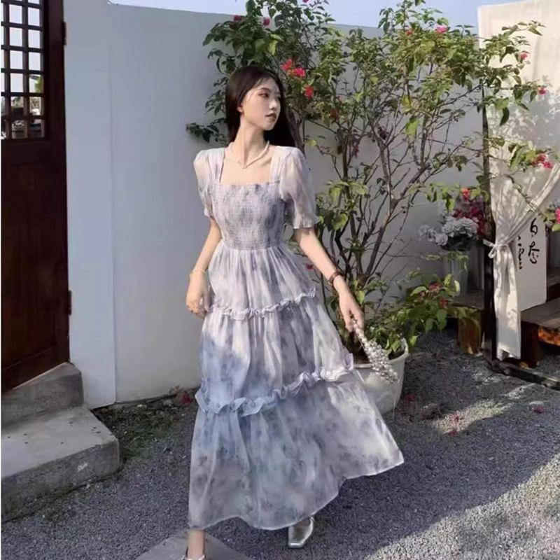 Short-Sleeve Square Neck Print Maxi A-Line Dress Product Image