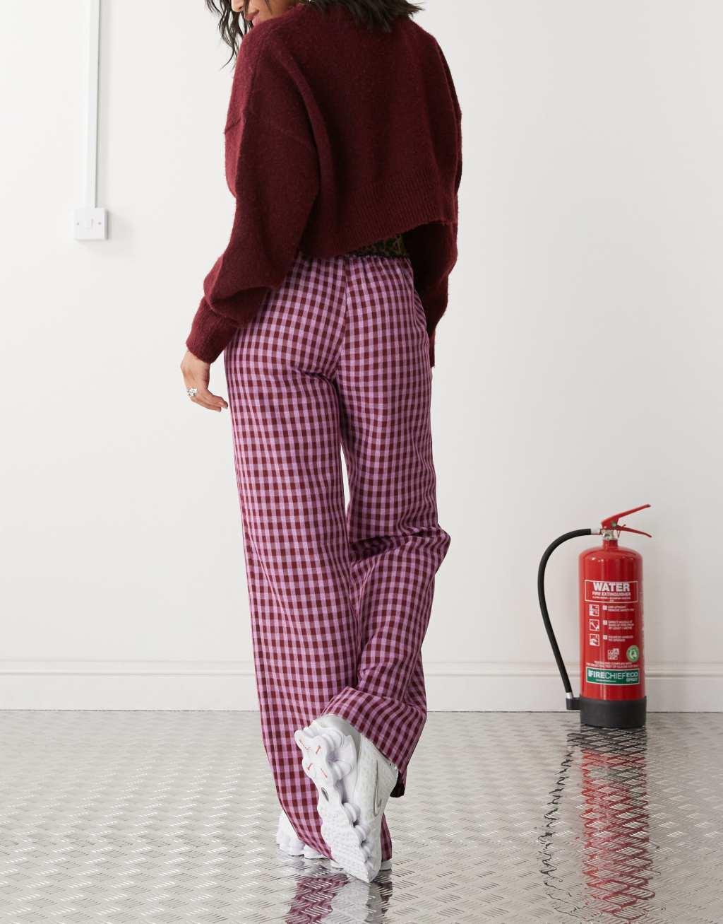 Reclaimed Vintage pull on relaxed pants in pink gingham Product Image