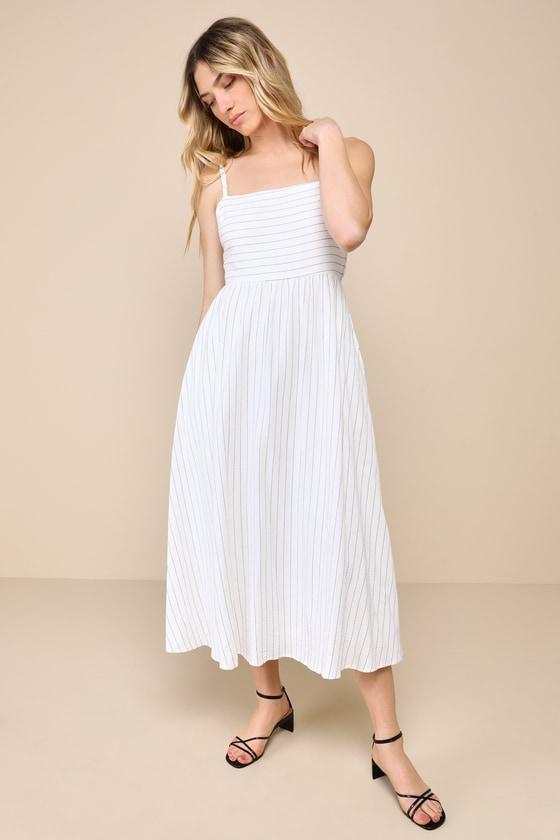 Feeling the Best White Striped Tie-Back Midi Dress with Pockets Product Image