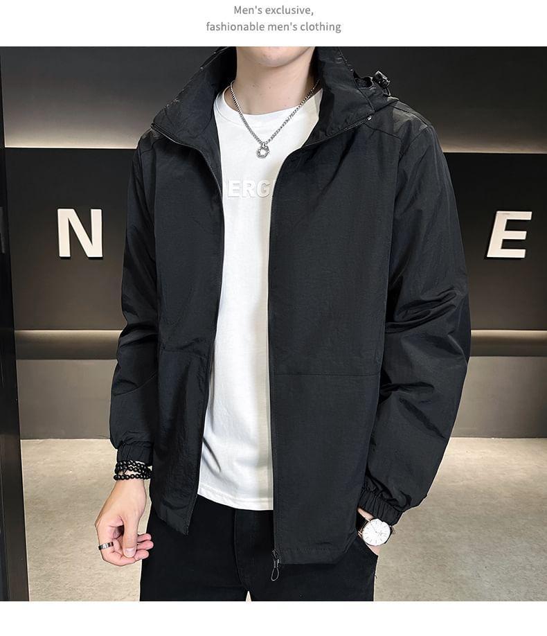 Stand Collar Plain Fleece-Lined Hooded Zip-Up Jacket Product Image