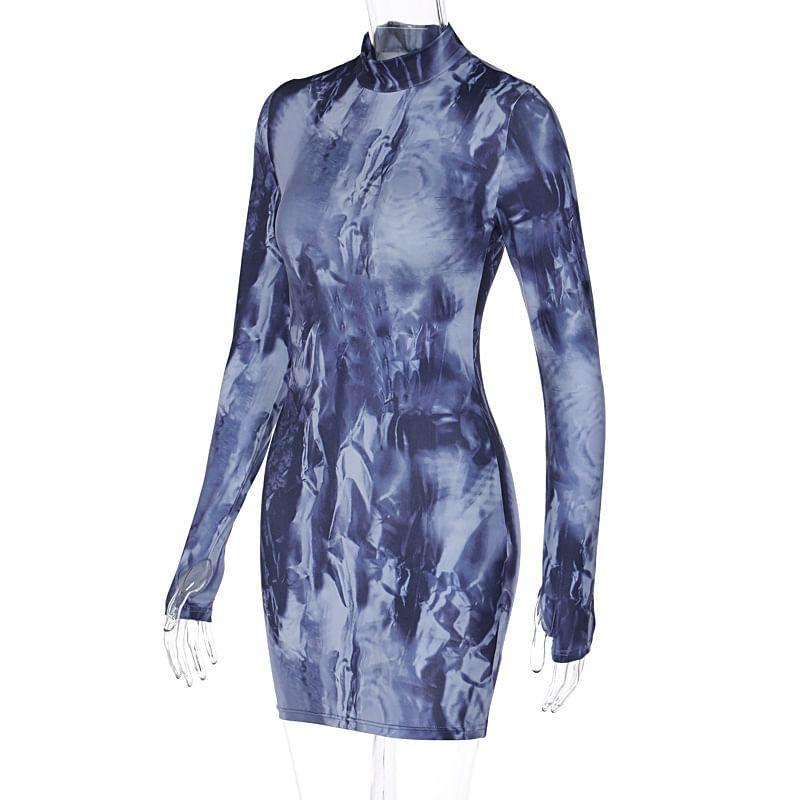 Long-Sleeve Mock Neck Tie Dye Mini Sheath Dress Product Image