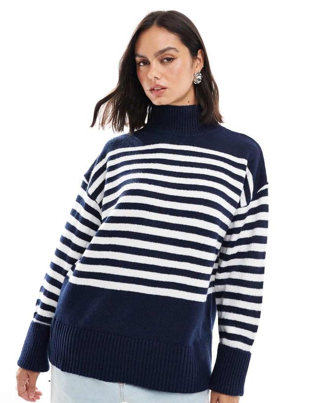 ASOS DESIGN knitted high neck sweater with turn back cuffs in navy stripe Product Image